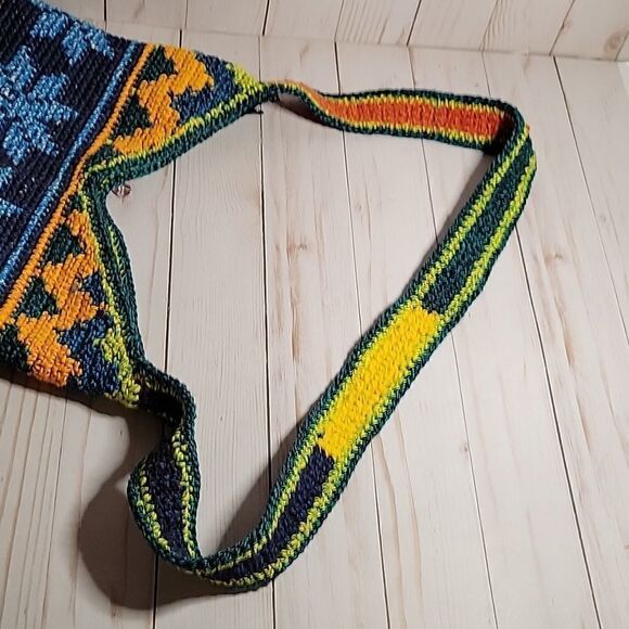 Artisan Crochet Fair Isle Southwestern multi Colored Crossbody Bag Cotton Boho - Picture 8 of 9
